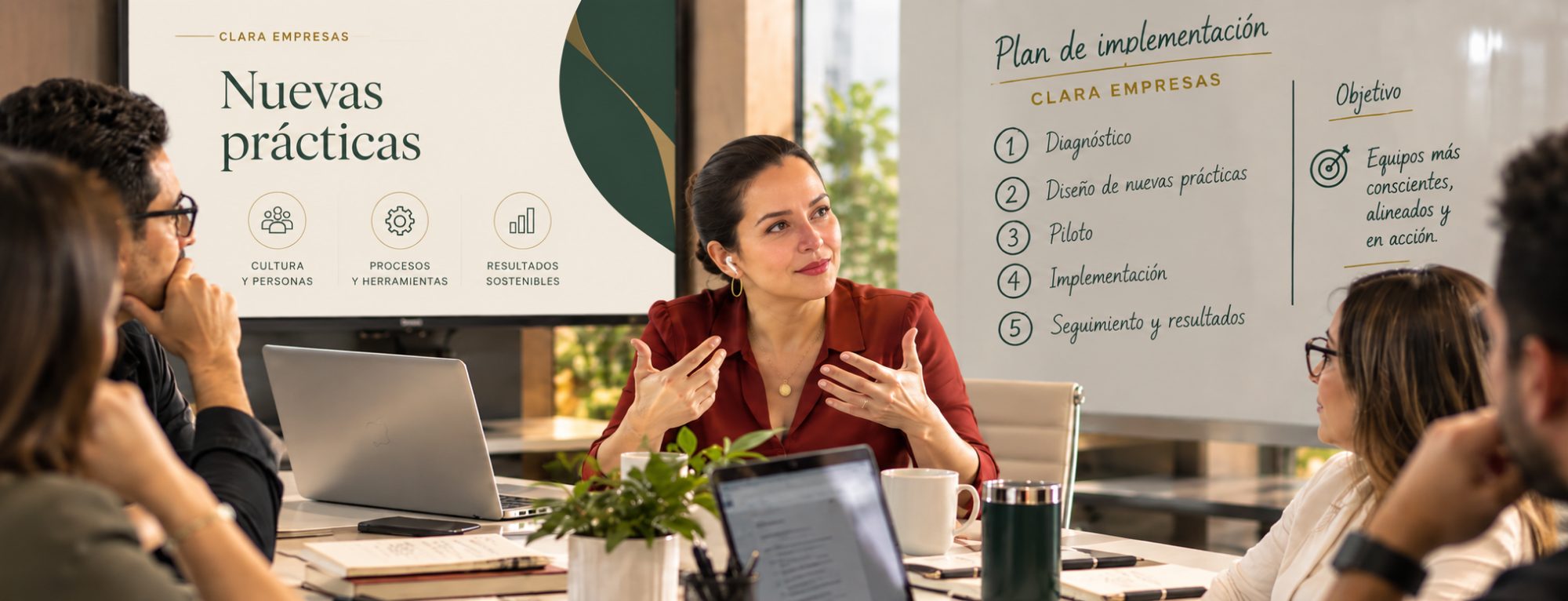 Sandra Carrillo facilitando una sesión de trabajo con un equipo directivo